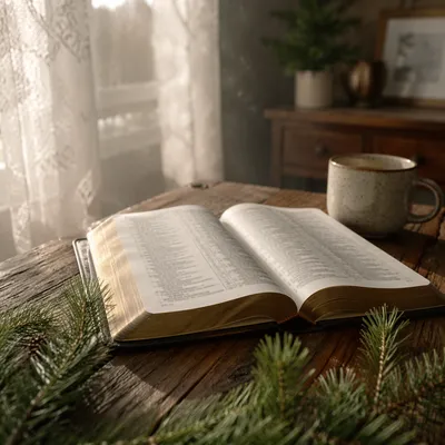 Open Bible with Evergreen Morning Light