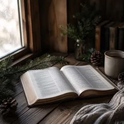 Open Bible with Evergreen Winter Devotion