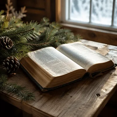 Open Bible with Evergreen Winter Light