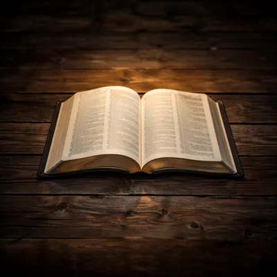 Open Bible on Rustic Wooden Table