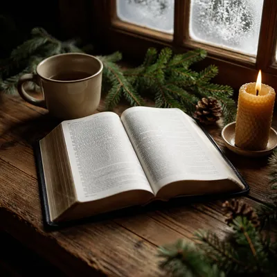 Open Bible with Evergreen Morning Light
