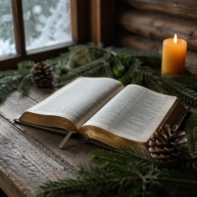 Open Bible with Evergreen Cabin Candle