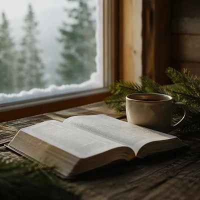 Open Bible with Evergreen Morning Light