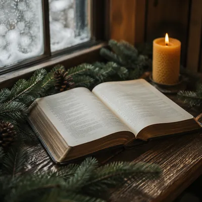 Open Bible with Evergreens and Candlelight