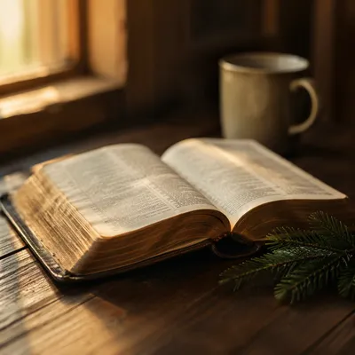 Open Bible with Evergreen on Wooden Table