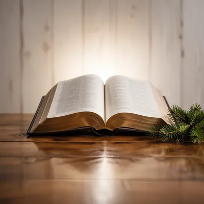 Open Bible with Evergreen on Wooden Table