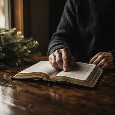 Open Bible on Wooden Table