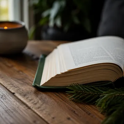 Open Bible on Evergreen Wooden Table