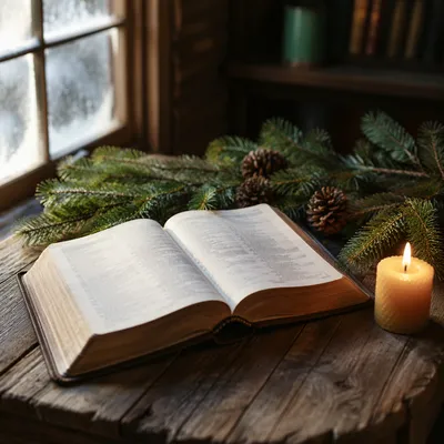 Open Bible with Evergreen and Candle