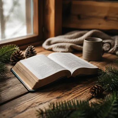 Open Bible with Evergreen Morning Light