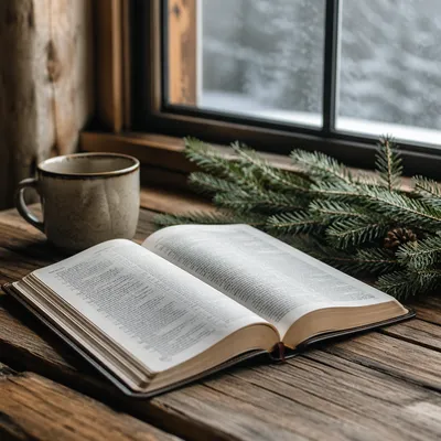 Open Bible with Evergreen Morning Light