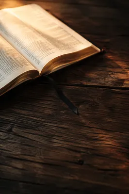 Open Bible on Rustic Wooden Table