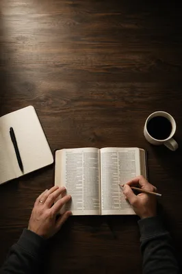 Open Bible on Walnut Table