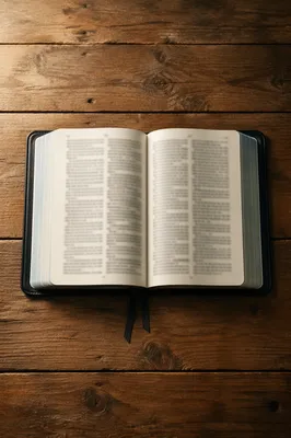 Open Bible on Rustic Wooden Table