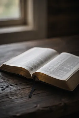 Open Bible on Rustic Wooden Table
