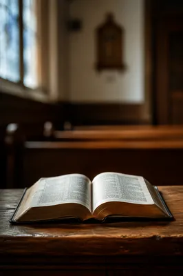 Open Bible on Rustic Chapel Table