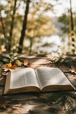 Open Bible on Rustic Wooden Table