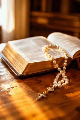 Open Bible with Pearl Prayer Beads