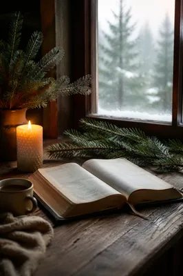 Open Bible with Evergreen Candlelight