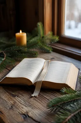 Open Bible with Evergreen Morning Light