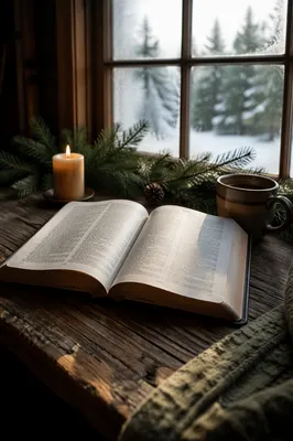 Open Bible with Evergreen Winter Candle
