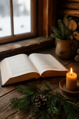 Open Bible with Evergreen and Candlelight