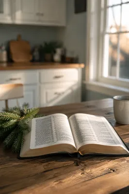 Open Bible with Evergreen on Rustic Table