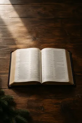 Open Bible on Warm Wooden Table