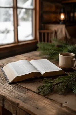 Open Bible on Rustic Winter Table