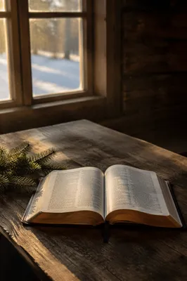 Open Bible with Evergreen on Wooden Table