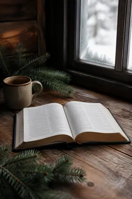 Open Bible with Evergreen Morning Light