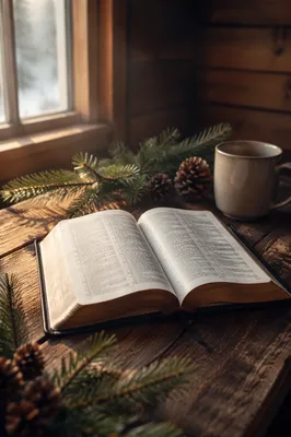 Open Bible with Evergreen on Table
