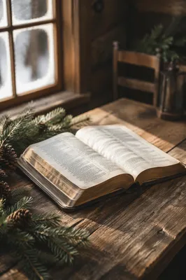 Open Bible with Evergreen Winter Light