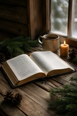 Open Bible with Evergreen Morning Light