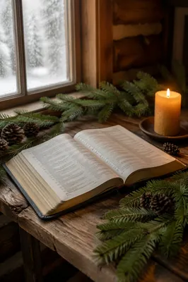 Open Bible with Evergreens in Winter Cabin