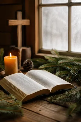 Open Bible with Evergreen Candlelight