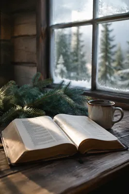 Open Bible on Rustic Evergreen Table