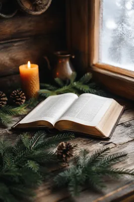 Open Bible with Evergreen and Candlelight