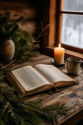 Open Bible with Evergreen Morning Light