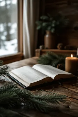 Open Bible with Evergreen and Candle
