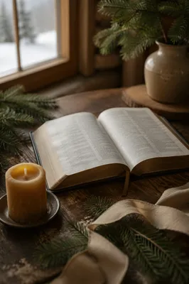 Open Bible with Evergreen and Candle