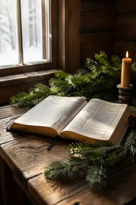 Open Bible with Evergreen and Candle