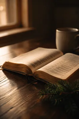 Open Bible with Evergreen Sprig on Wooden Table