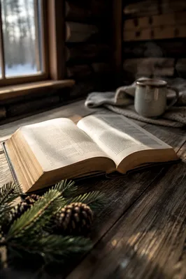 Open Bible with Evergreen Morning Light