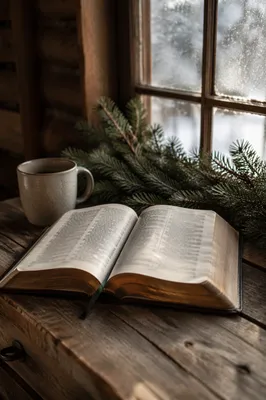 Open Bible with Evergreen Morning Light