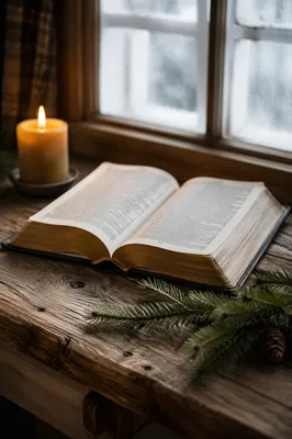 Open Bible with Evergreen and Candle