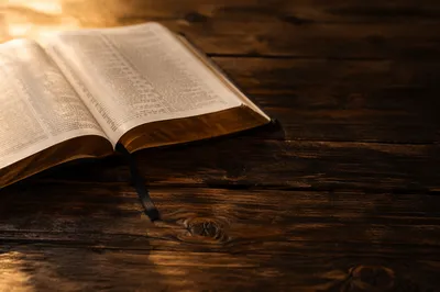 Open Bible on Rustic Wooden Table