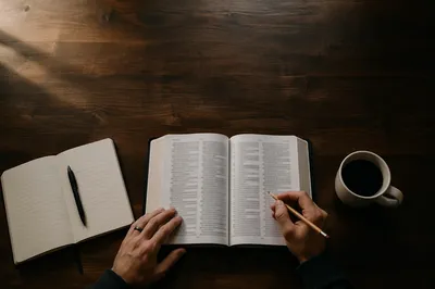 Open Bible on Wooden Table Flat Lay