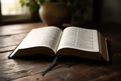 Open Bible on Rustic Wooden Table