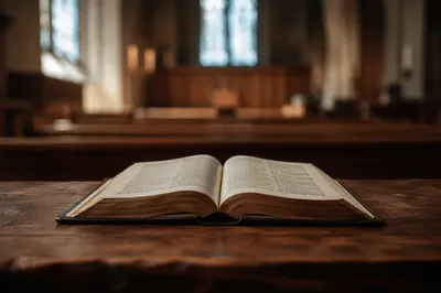 Open Bible on Rustic Chapel Table